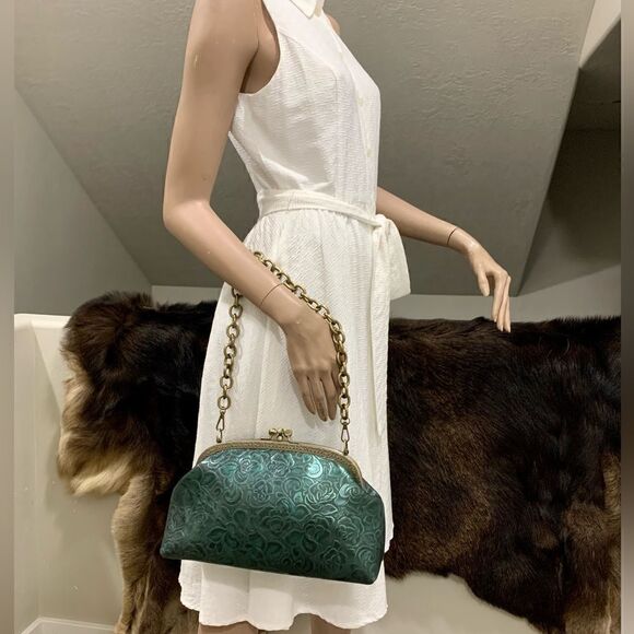 Handsewn Genuine Cowhide Floral Embossed Double Kiss-lock Bag & 2 Chain Styles - Picture 10 of 16